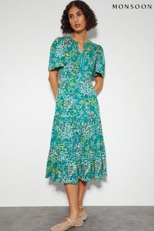 Monsoon Blue Micola Short Sleeve Floral Midi Dress