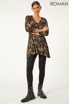 Roman Brown Stretch Floral Print Pocket Tunic