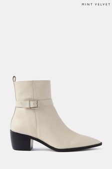 Mint Velvet Cream Leather Buckled Ankle Boots