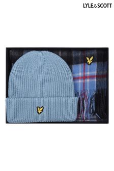 Lyle & Scott Blue Lambswool Blend Checked Scarf and Beanie Gift Set