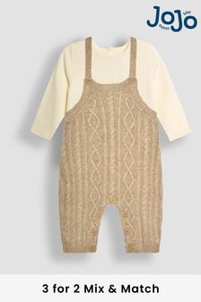 JoJo Maman Bébé Fawn Brown Cable Knit Dungarees & Top Baby Set