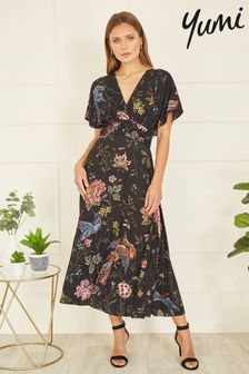 Yumi Black Viscose Bird and Floral Print Kimono Midi Dress