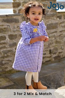 JoJo Maman Bébé Lilac Purple Frill Shoulder Smocked Dress & Tights Set