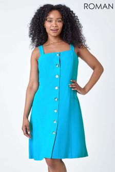 Roman Blue Petite Button Front Pocket Dress