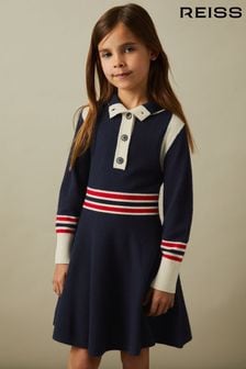 Reiss Navy Vienne Junior Knitted Button-Through Funnel Neck Skater Dress