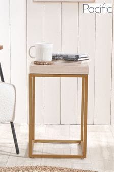 Pacific Mirrored Beige Granite and Gold Metal Square Side Table