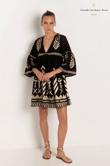 Greek Archaic Kori Black Embroidered 100% Linen Bell Sleeve Mini Dress