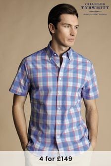 Charles Tyrwhitt Pink Check Cf Short Sleeve Noniron Stretch Poplin Slub 100% Cotton Shirt