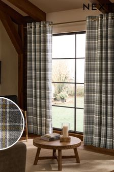 Grey Woven Check Eyelet Lined Curtains