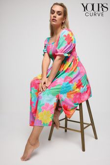 Yours Curve Pink Ditsy Floral Print Shirred Midaxi Dress