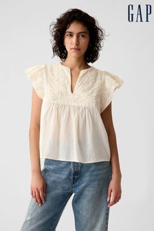 Gap Cream Crinkle Gauze Embroidered Cropped Shirt