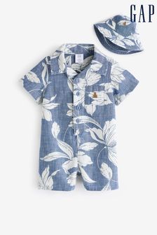 Gap Blue Brannan Bear Print Short Sleeve Baby Romper & Hat (Newborn-24mths)