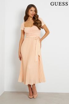 Guess Pleated Occasion Midi Dress With Linen