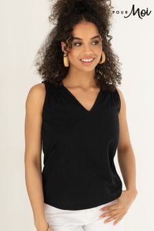 Pour Moi Black Maya 100% Cotton Slub Jersey Built Up V-Neck Vest