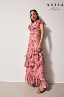 Anaya With Love Pink Printed Maxi Dress With Ruffle Details