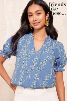 Friends Like These Blue Floral Short Sleeve Woven Tie Neck Blouse