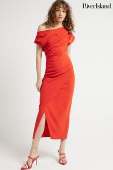 River Island Red Drape Asym Wrap Midi Dress