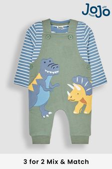 JoJo Maman Bébé Khaki Green Dinosaur Appliqué Dungarees & Print Top Set