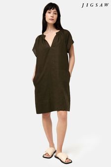 Jigsaw Green 100% Linen Smocked T-Shirt Dress