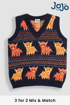 JoJo Maman Bébé Navy Blue Highland Cow Knit Fair Isle Tank Top