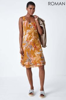 Roman Orange Floral Print 100% Cotton Layered Dress