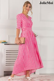 Jolie Moi Pink Elenora Ruched Sleeve Maxi Dress