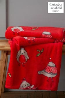 Catherine Lansfield Red Teddy Christmas Robins Warm And Cosy Fleece Throw