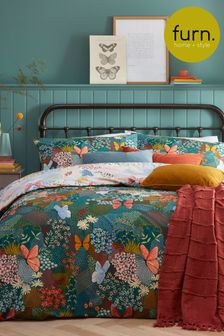 furn. Teal Blue Forage Floral Butterfly Print Reversible Duvet Cover and Pillowcase Set