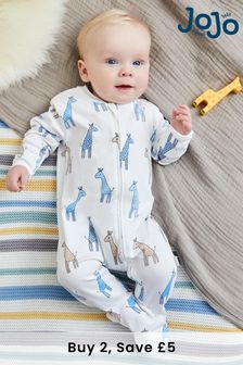 JoJo Maman Bébé Blue Giraffe Print Zip Cotton Baby Sleepsuit