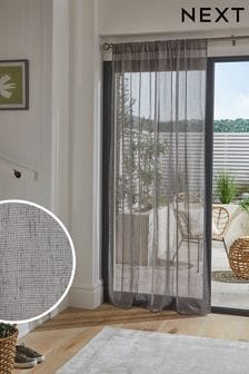 Grey Linen Look Voile Slot Top Sheer Panel Curtain