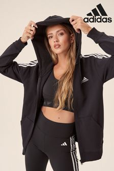 adidas Black 100% Cotton Sportswear Essentials 3-Stripes French Terry Regular Full-Zip Hoodie