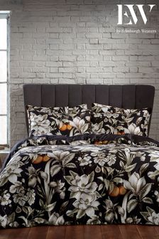 EW by Edinburgh Weavers Black Lavish Botanical 200 Thread Count Cotton Sateen Co Duvet Cover And Pillowcase Set