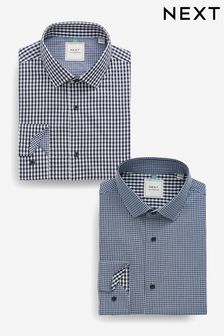 Blue/Black Gingham Regular Fit Trimmed Shirts 2 Pack