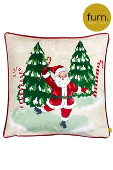 furn. Natural Jolly Santa Let It Snow Printed Piped Velvet Cushion