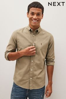 Stone Neutral Slim Fit 100% Cotton Long Sleeve Oxford Shirt