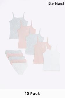 River Island Pink Girls 100% Cotton Vests And Briefs Set 10 Piece