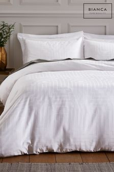 Bianca White Satin Geo Jacquard Cotton Duvet Cover and Pillowcase Set