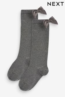 Grey Cotton Rich Bow Knee High School Socks 2 Pack