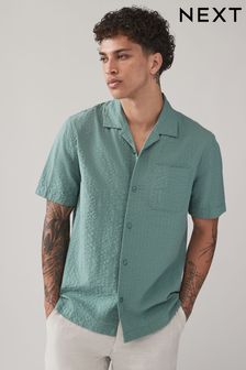 Green Seersucker 100% Cotton Short Sleeve Shirt with Cuban Collar