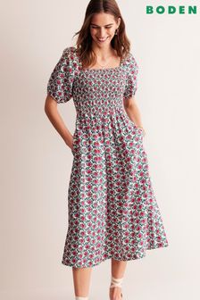 Boden Pink Sky Smocked 100% Linen Midi Dress