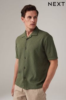 Green Cuban Collar Textured Jersey 100% Cotton Short Sleeve Shirt