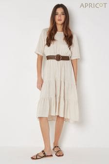 Apricot Natural Tiered Plait Belt Dress With Linen