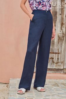 Pure Collection Blue 100% Cotton Linen Blend Wide Leg Trousers