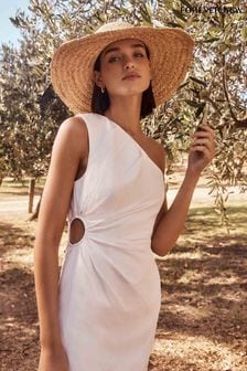 Forever New White Serena One Shoulder Mini Dress with a Touch of Linen