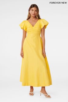 Forever New Yellow Pure Linen June Ruched Midi Dress