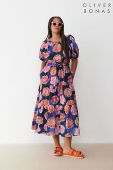 Oliver Bonas Blue Fantasy Floral Tiered Midi Dress