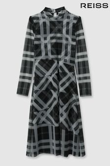 Reiss Black/Ecru Sophia Teen Checked Tiered Midi Dress