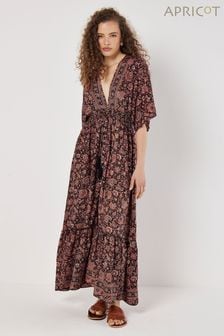 Apricot Black Paisley Foil Flowers Tassel Dress