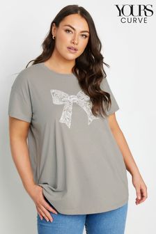 Yours Curve Grey Diamante Bow Print T-Shirt