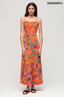 Superdry Orange 100% Cotton Smocked Cami Maxi Dress